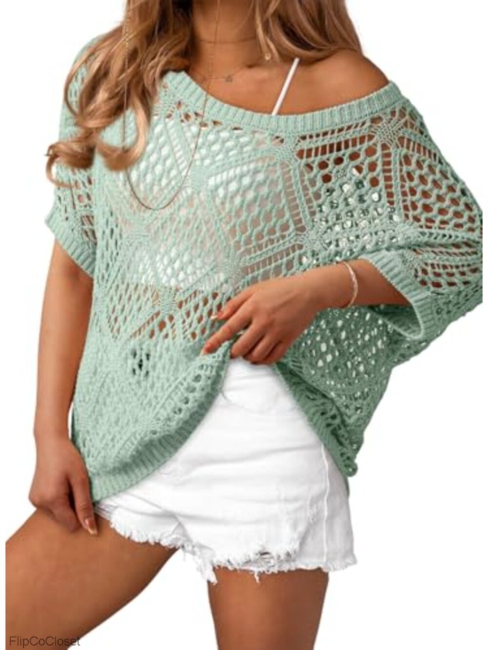 Crochet Off Shoulder Short Sleeve Sweater Swim Coverup Top